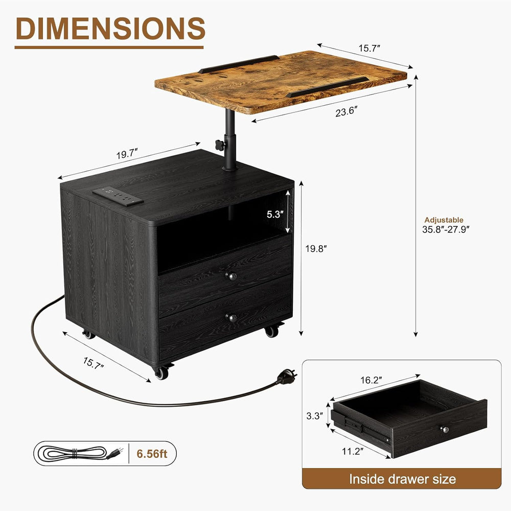 Bedroom Nightstand with Drawers & Charging Station, Adjustable Height Bed...