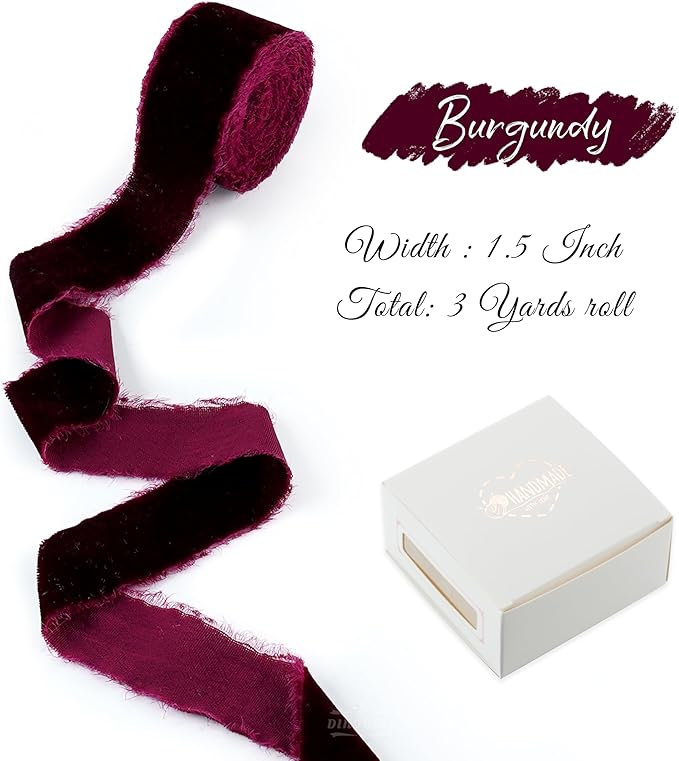 Burgundy Velvet Ribbon 1.5 Inch Maroon Frayed Silk Velvet Ribbon Burgundy - Image 2