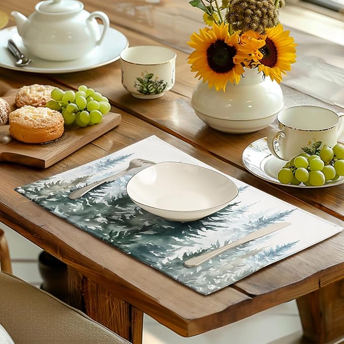 Watercolor Dark Green Tree Table Mats Set of 4 Rustic Nature Forest Pine Tree - Image 6