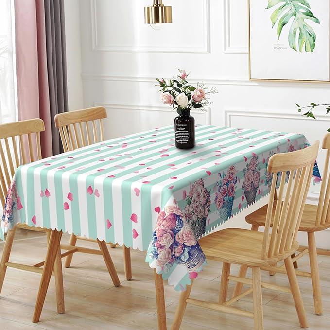 54x70inches Mint and White Stripes Tablecloth Pink Flowers Hearts Printed Table by TTQYFNM