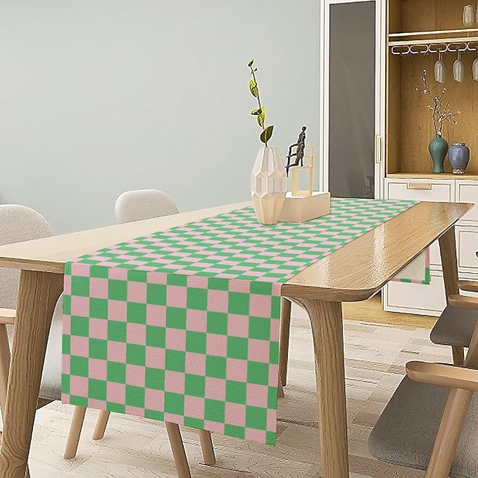 Retro Checkered Table Runner, Cute Pink Green Checkerboard Vintage Hippie - Image 3