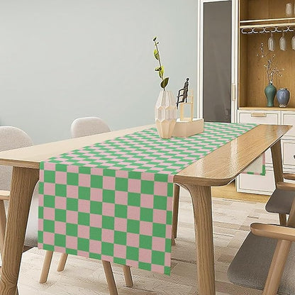 Retro Checkered Table Runner, Cute Pink Green Checkerboard Vintage Hippie - Image 3