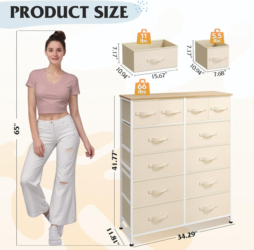 WLIVE Beige Fabric Bedroom Dresser, 12 Drawer Dressers, Chest of Drawers
