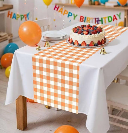 12 Pcs Orange and White Checkered Table Runner Plastic 14 x 108 Disposable - Image 2