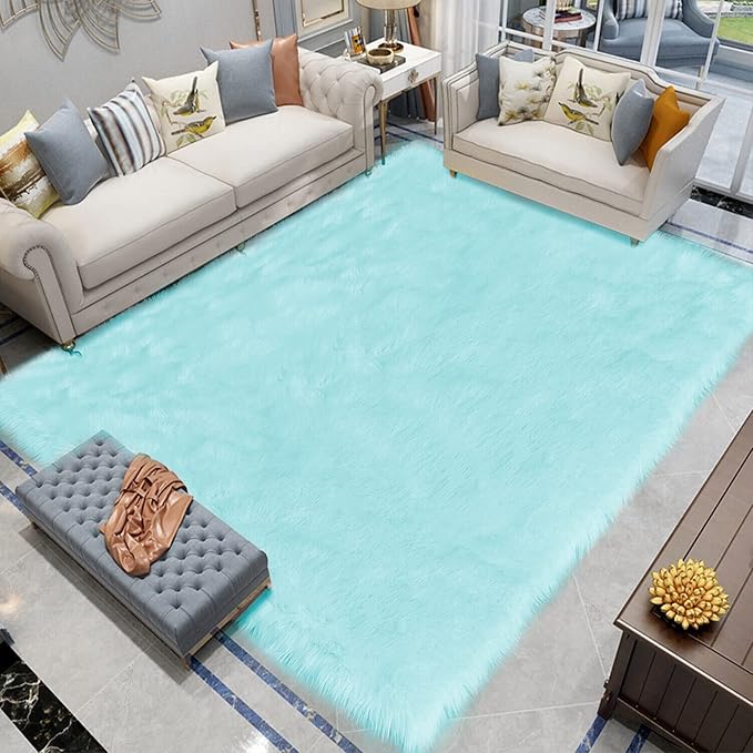 Latepis Big Rugs for Bedroom Teal 6.7x10 Area Rug Light Blue Faux Sheepskin Fur by Latepis