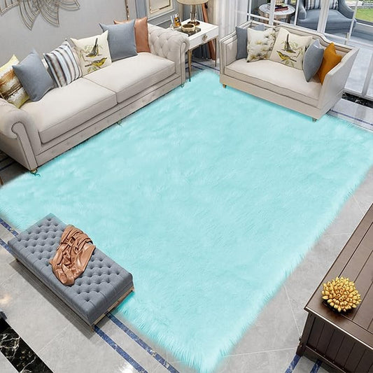 Latepis Big Rugs for Bedroom Teal 6.7x10 Area Rug Light Blue Faux Sheepskin Fur by Latepis