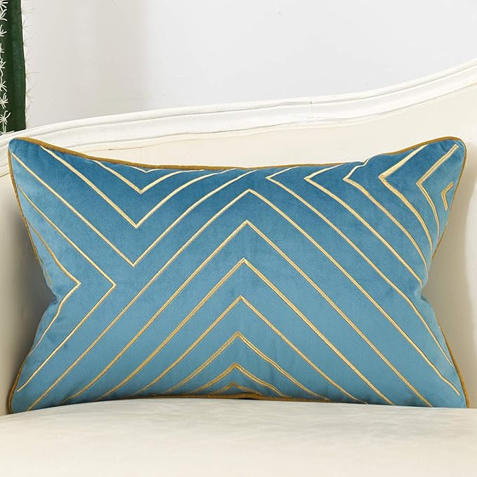 Avigers 12 x 20 Inch Grey Blue Gold Striped Geometric Lines Embroidery Velvet by Avigers