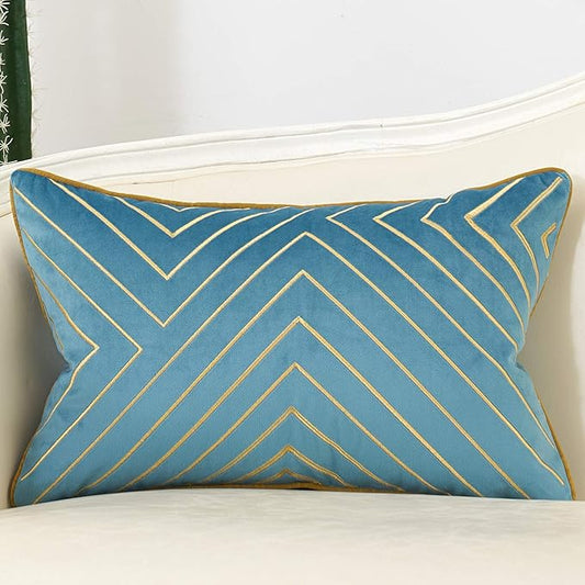 Avigers 12 x 20 Inch Grey Blue Gold Striped Geometric Lines Embroidery Velvet by Avigers