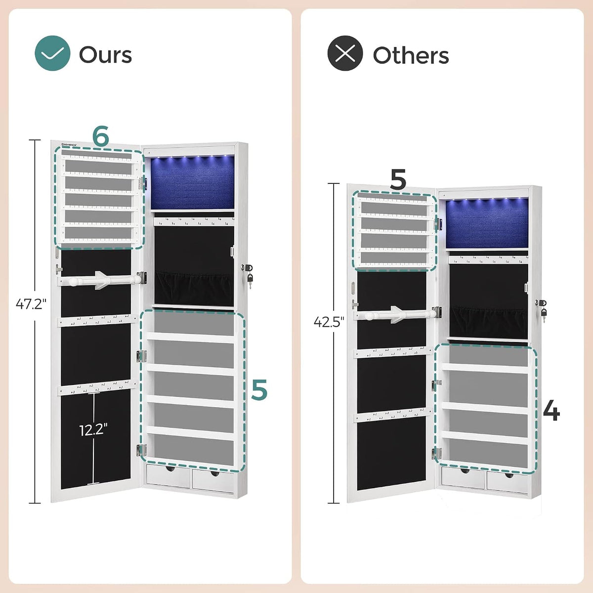 songmics 6 leds mirror jewelry cabinet, 47.2-inch tall on a desk or shelf