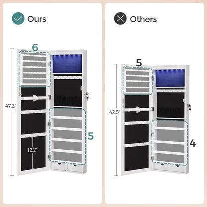 songmics 6 leds mirror jewelry cabinet, 47.2-inch tall on a desk or shelf
