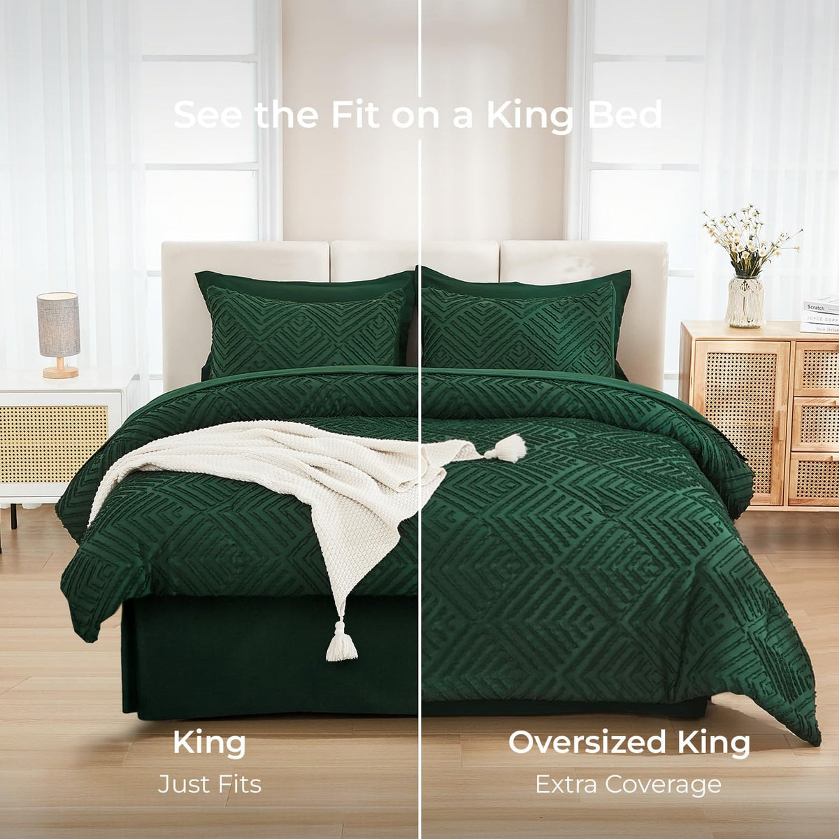 andency king size comforter set, dark emerald green showing dimensions