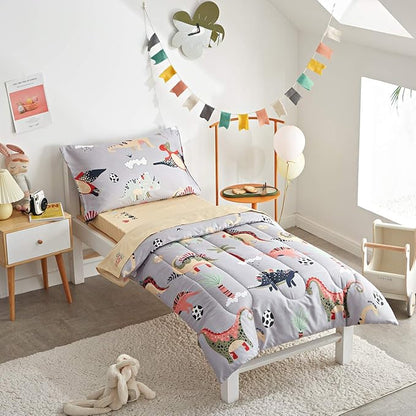 UOZZI BEDDING 4 Piece Gray Dinosaurs Toddler Bedding Set - Image 2