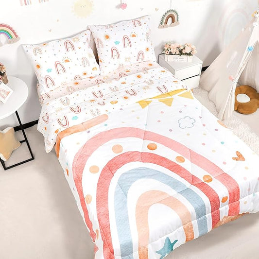 Twin Size Toddler Bedding Set for Girls- 5 Piece Rainbow Toddler Girl Bedding by CARUILI