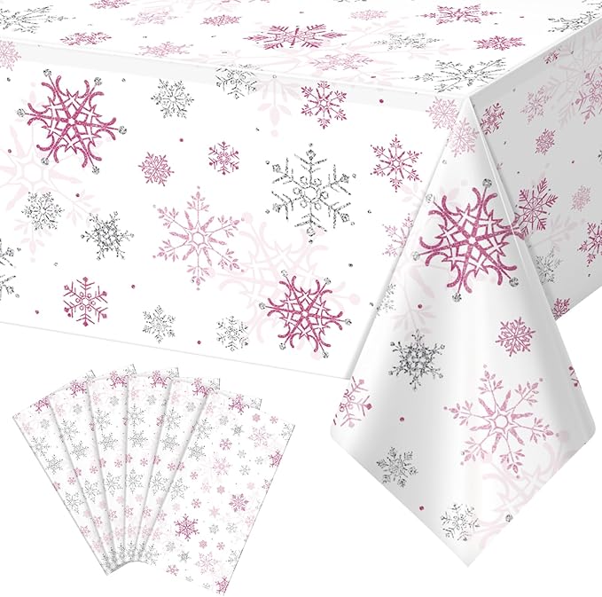 6 Pcs Christmas Snowflake Party Tablecloths Decorations, Plastic Pink Winter by JectivsPartyDecorations
