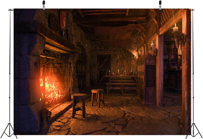 12x8ft Fabric Medieval Tavern Backdrop for Photography Burning Fireplace and Stool Background Ancient Warm Room Decorations Halloween Medieval Themed Party Photoshoot Booth Studio Props
