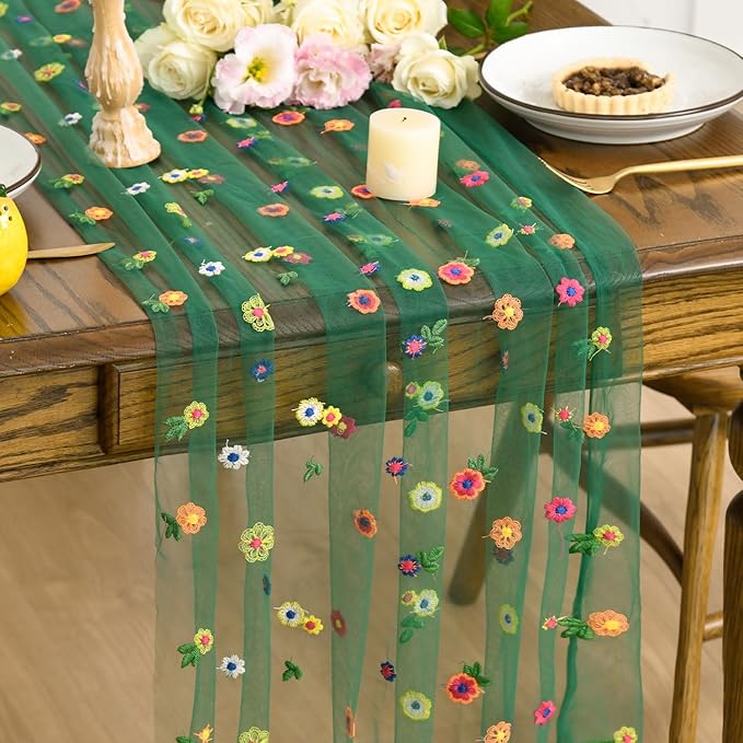 Artoid Mode 3PCS Dark Green Embroidery Daisy Gauze Table Runner 120 Inch 10FT by ArtoidMode