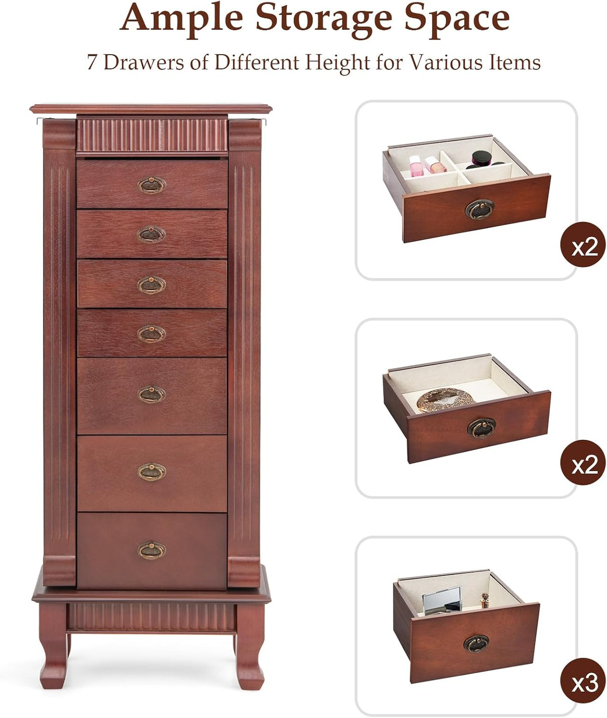 costway standing jewelry armoire, wooden jewelry storage chest, side view