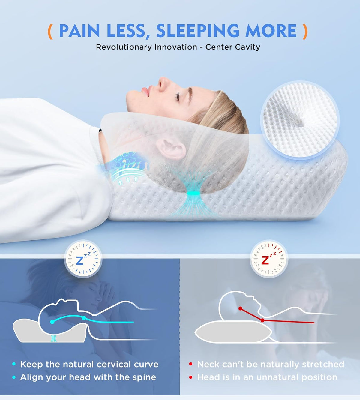 osteo cervical pillow for neck pain relief, hollow shown in use