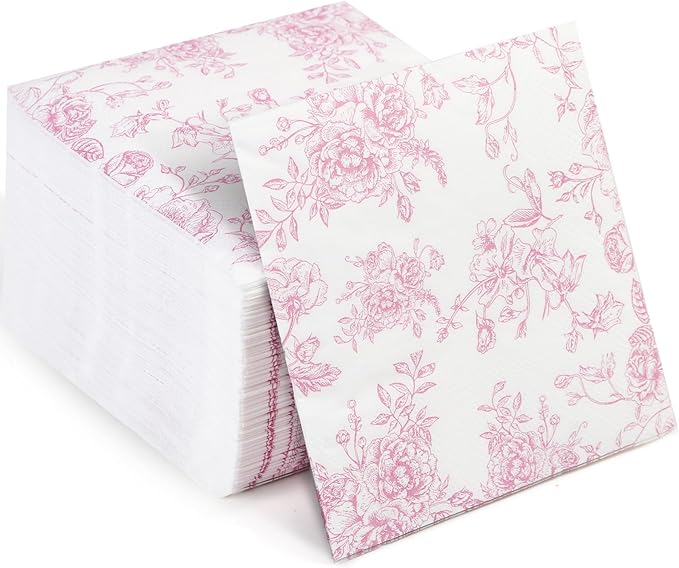 100 Pack Pink Floral Cocktail Napkins, Guest Hand Towels Disposable by WNYLEPL