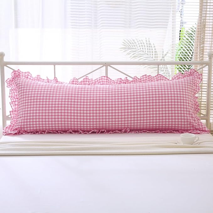 Pink White Plaid Ruffle Gingham Body Pillow Cover, 100% Washed Cotton Rustic - Image 7