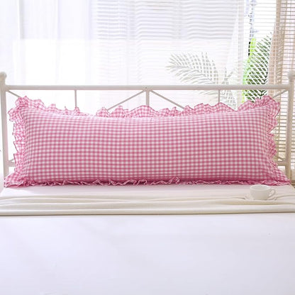 Pink White Plaid Ruffle Gingham Body Pillow Cover, 100% Washed Cotton Rustic - Image 7
