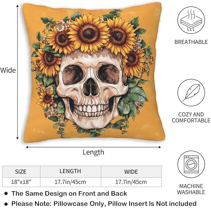 Sugar Skull Throw Pillow Covers 18x18 Set of 2 | Decorative Cushion Cases - Image 5
