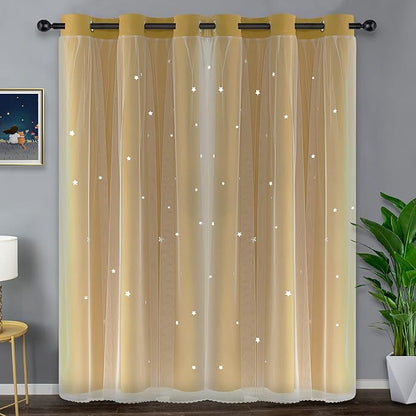 Kinryb Yellow Star Cut-Out Blackout Curtains Soundproof Double Layer Curtain - Image 5