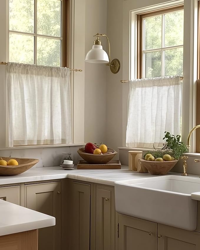 jinchan Natural Linen Kitchen Curtains 24 Inch Rustic Tier Curtains Farmhouse - Image 3