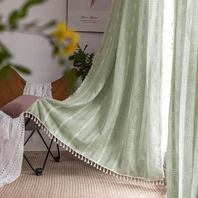 ColorBird Green Linen Curtains 63 inch Length, 2 Panels Boho Linen Living Room by ColorBird