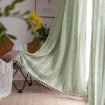 ColorBird Green Linen Curtains 63 inch Length, 2 Panels Boho Linen Living Room by ColorBird