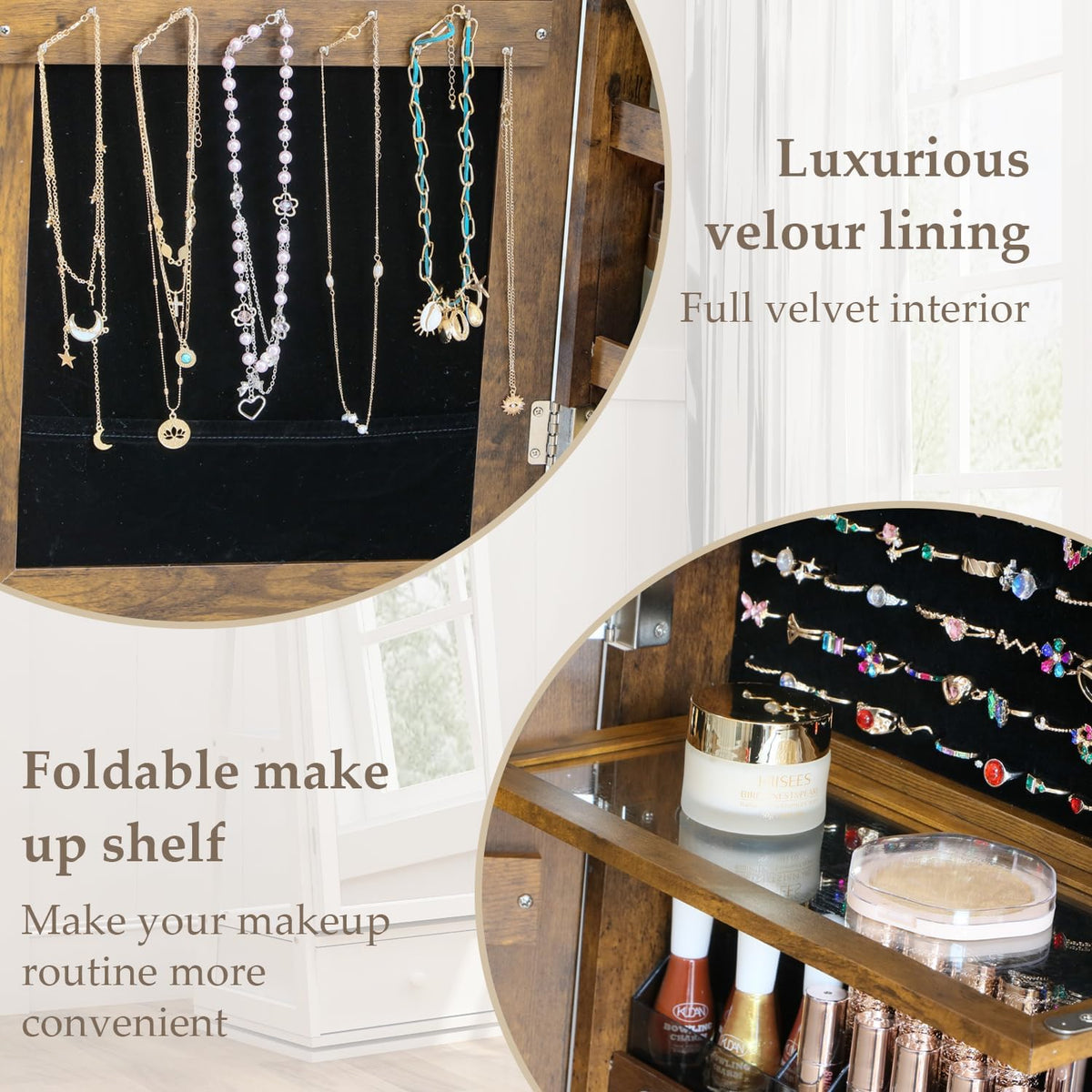 360° swivel full length mirror jewelry cabinet standing, close-up detail