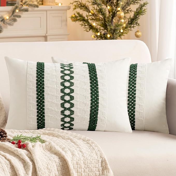 MIULEE Set of 2 Dark Green Boho Christmas Decorative Lumbar Pillow Covers 12x20 by MIULEE