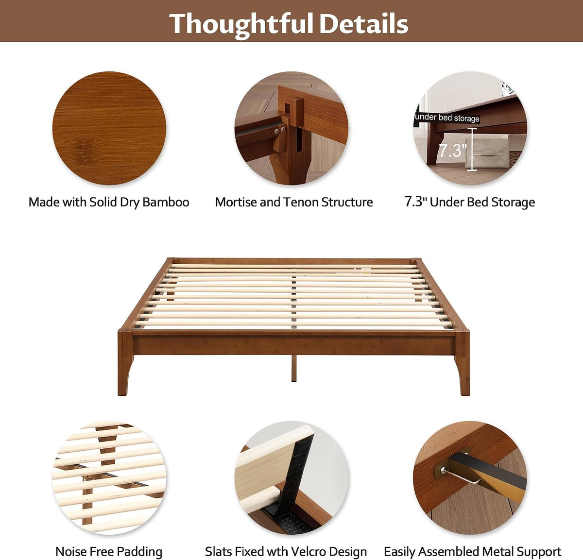 merax full size mid-century solid bamboo wood bed showing dimensions