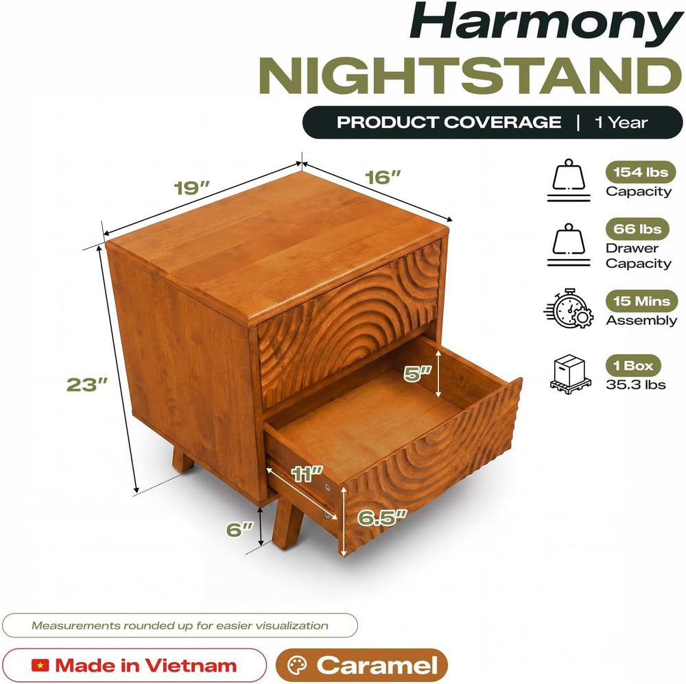 Acacia Harmony Solid Wood Nightstand with 2 Drawers, Bedside Table, Caramel