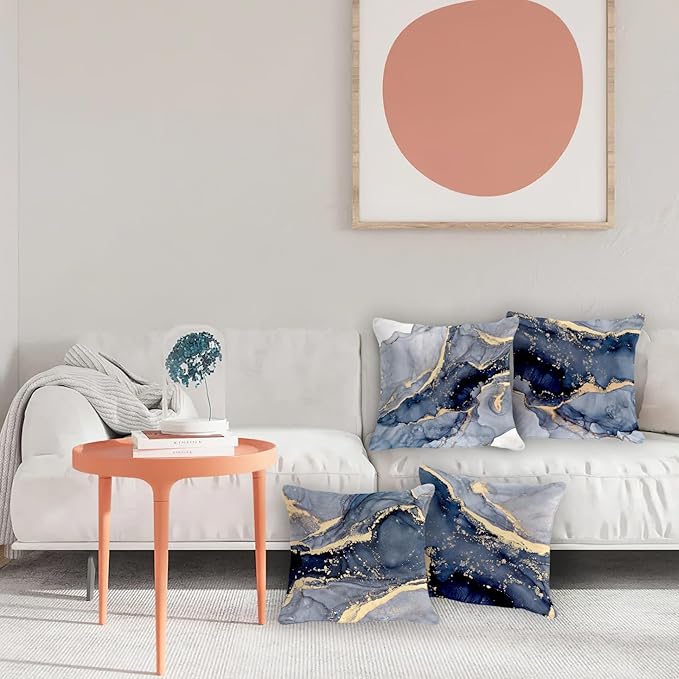 OGILRE Blue and Gold Pillow Covers, Modern Abstract Marble Texture Blue Gold - Image 3