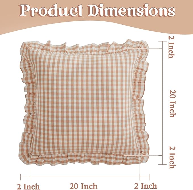 KKJIAF Ruffle Plaid Euro Sham Pillow Covers 20 x 20 Inches, Cotton Gingham - Image 2