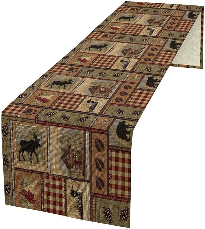 Rustic Deer Bear Table Runner, Vintage Bear Country Cabin Farmhouse Table Runner by Unknown