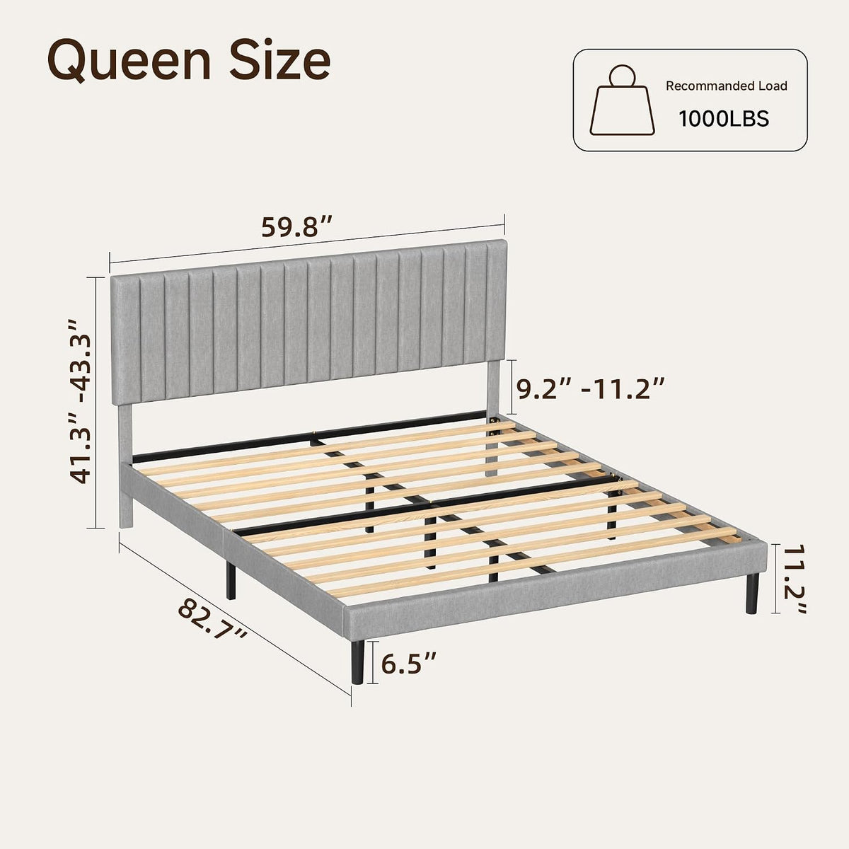 queen linen bed frame with vertical channel tufted shown in use
