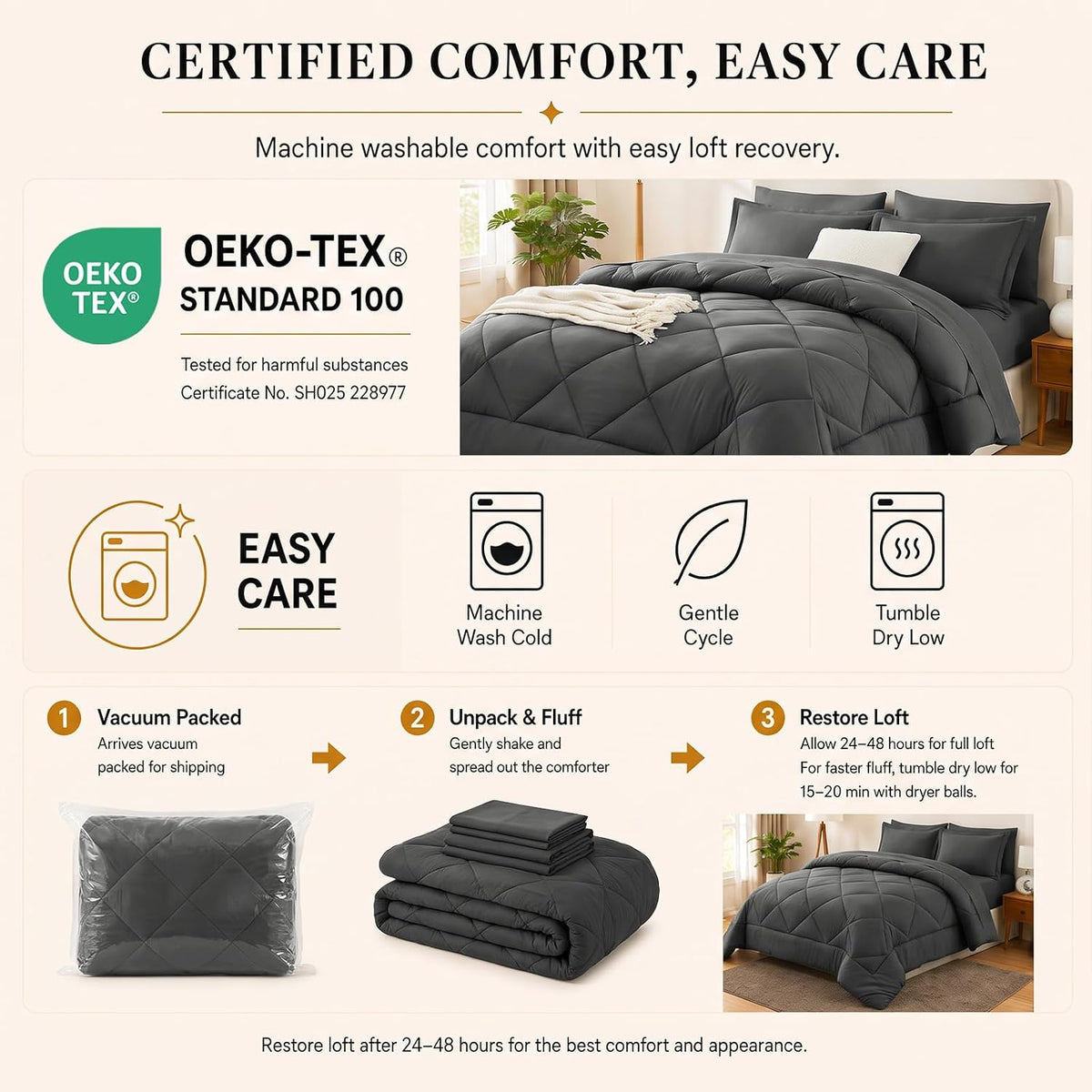 cozylux full comforter set 82"x86" dark grey, side view