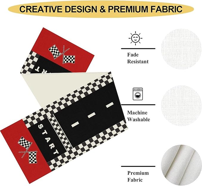 Race Car Table Runner, Kids Themed Race Track Black and White Checked Table - Image 5