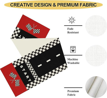 Race Car Table Runner, Kids Themed Race Track Black and White Checked Table - Image 5