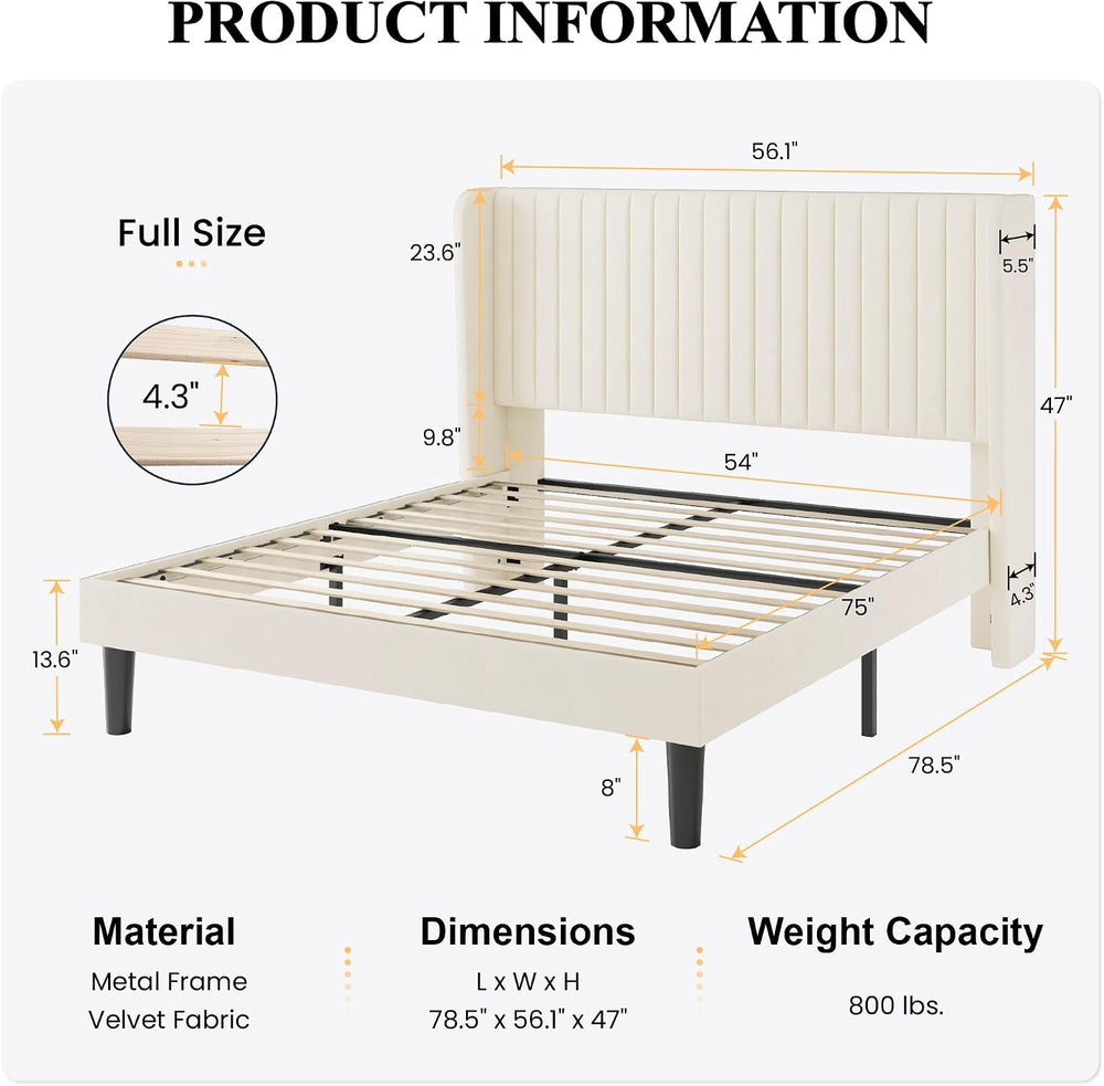 SHA CERLIN Full Size Velvet Bed Frame, Tufted Wingback Headboard, Cream