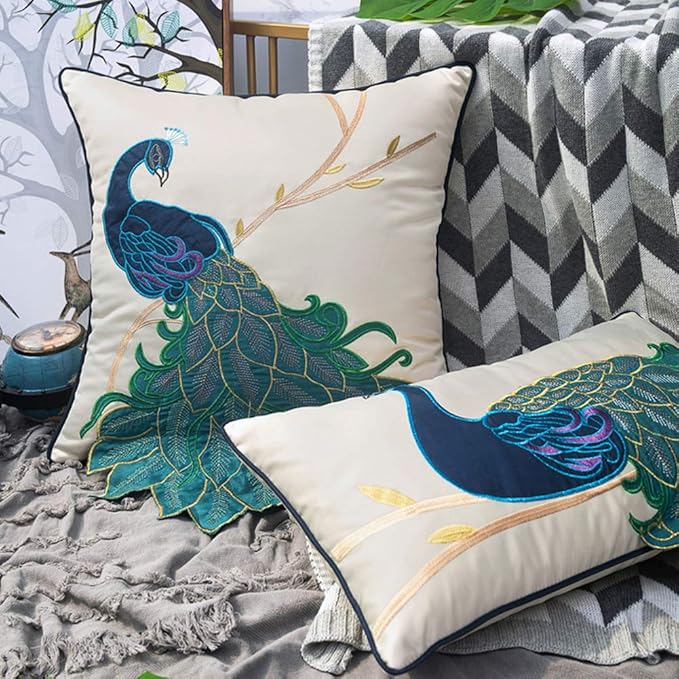 vctops Embroidered Peacock Decorative Throw Pillow Case Silky Satin Cushion - Image 4