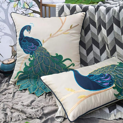 vctops Embroidered Peacock Decorative Throw Pillow Case Silky Satin Cushion - Image 4