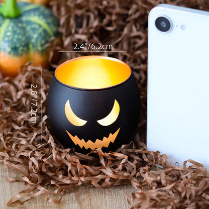 SHMILMH Halloween Table Centerpiece Candle Holders Set of 12, Black and Gold Glass Votive Holder with 6 Grimace, Tealight Holders Bulk for Halloween Party Decor
