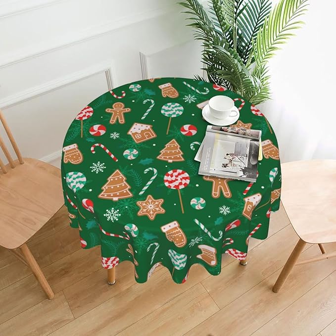 Green Gingerbread Man Round Tablecloth 60 Inch, Christmas Candy Cane - Image 2