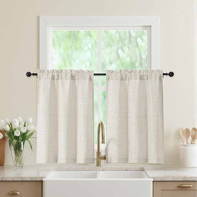 Natural Kitchen Curtains 36 Inch Length 2 Panels, Light Filtering Farmhouse by WelvetBLK