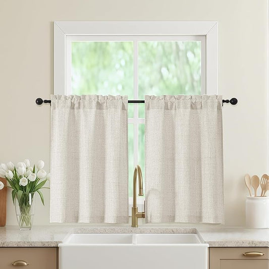 Natural Kitchen Curtains 36 Inch Length 2 Panels, Light Filtering Farmhouse by WelvetBLK
