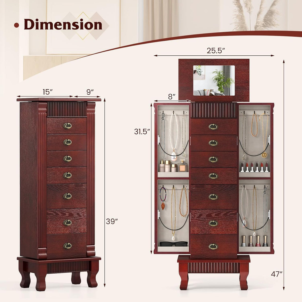 giantex standing jewelry cabinet with 7 drawers, flip-top on a desk or shelf