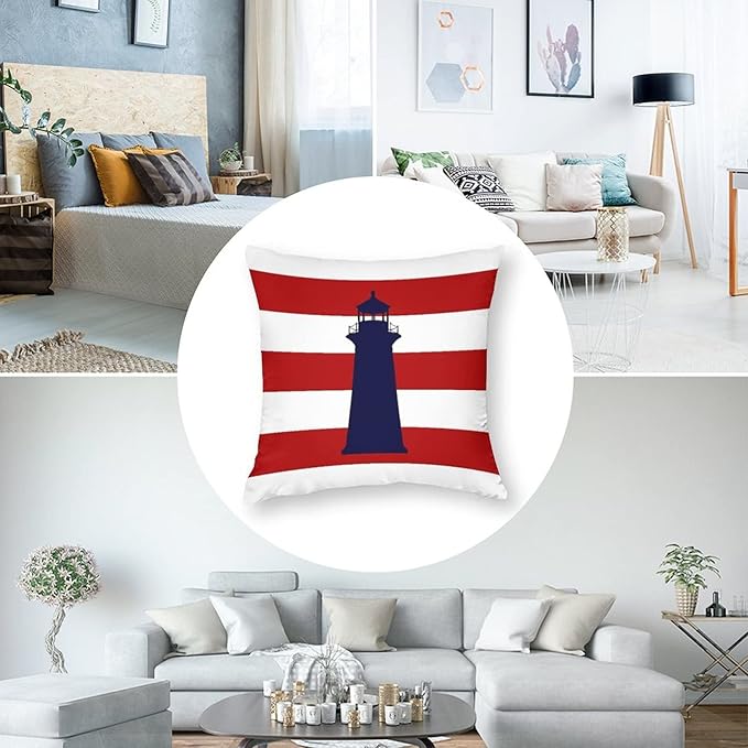 Myshe Square Nautical Navy Blue Lighthouse On Red Stripes Throw Pillow Cover - Image 5